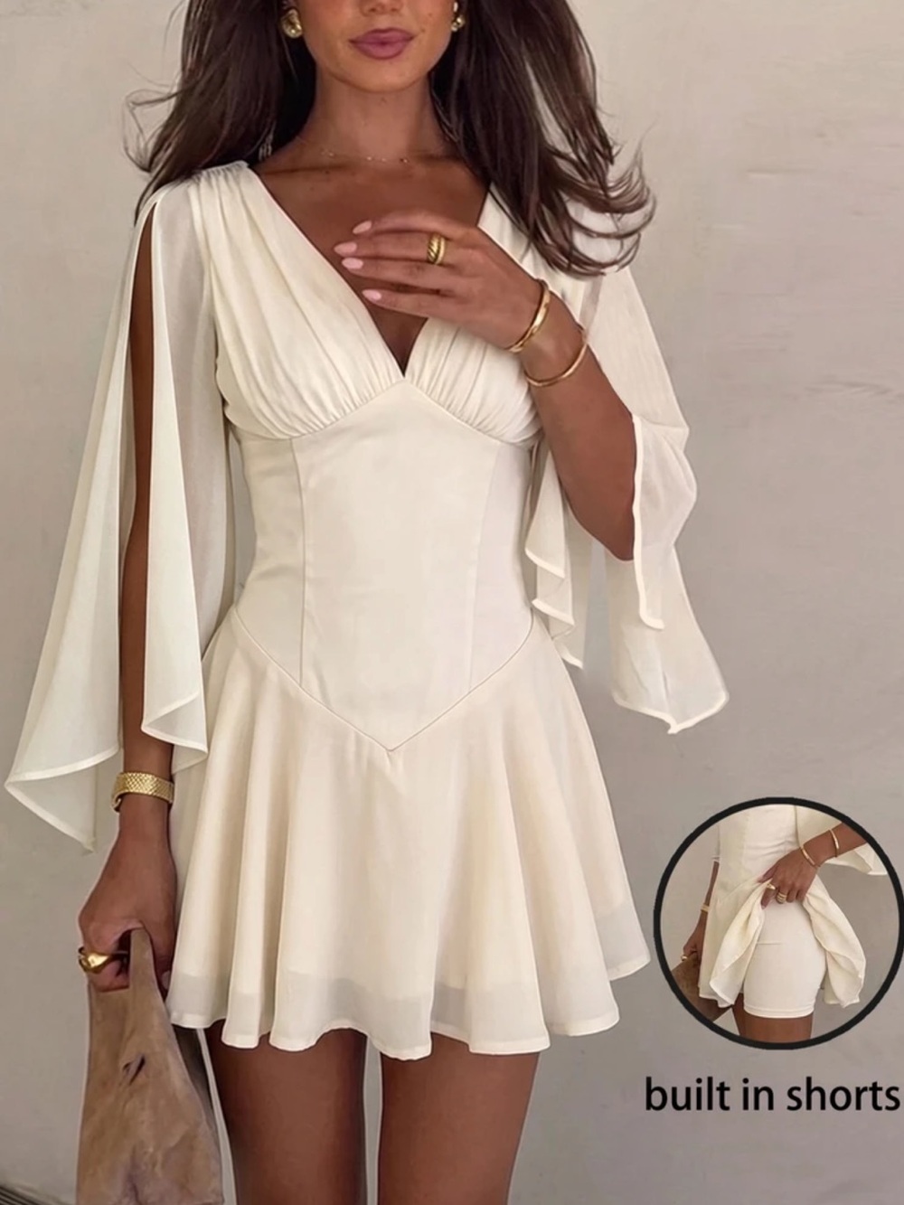 Siren Gaze Women's Solid Color V-Neck Pleated Casual Daily Mini Dress